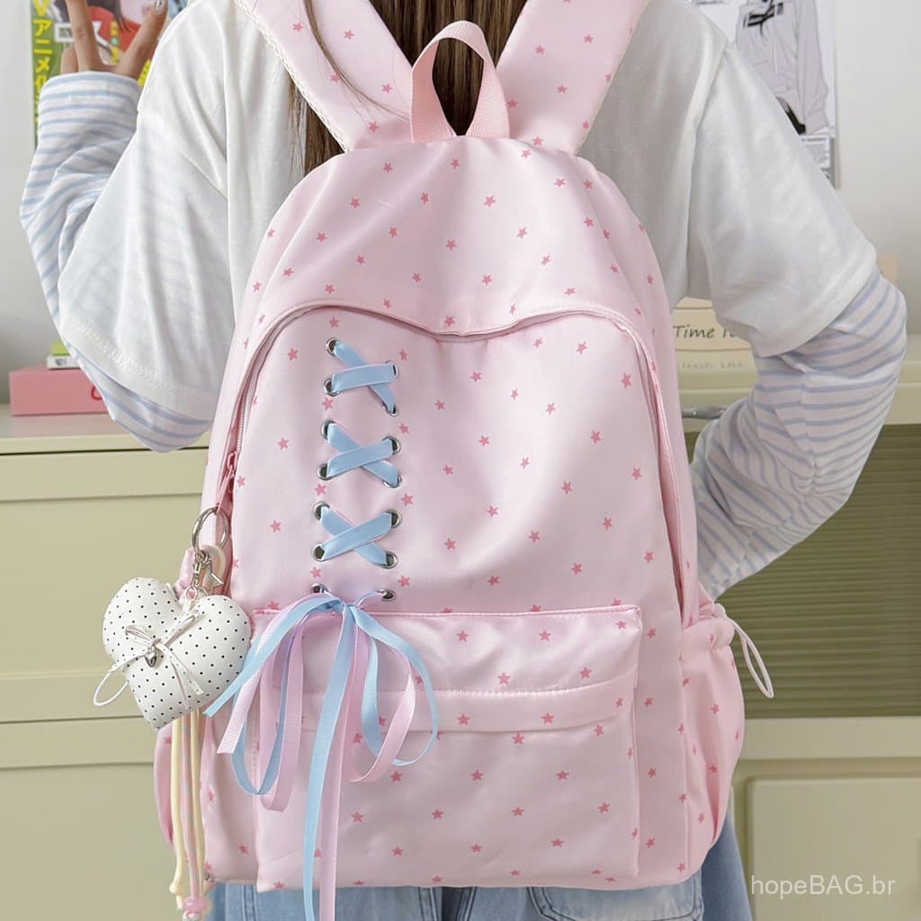 Mochila escolar de estilo coreano com laço de bolinhas e design atraente para meninas do ensino fundamental, grande capa