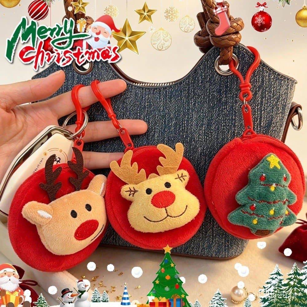 Desenhos Animados Árvore De Natal Rena Zíper Crianças Carteira Mini Bolsa De Moedas De Pelúcia Redondo Fone De Ouvido Li