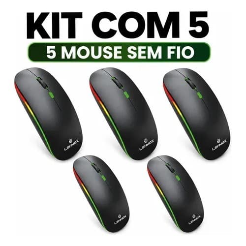Kit 5 Mouse Sem Fio Recarregável Lehmox Bluetooth 5.2 LED RGB 2.4Ghz USB Preto Para Computador Windows