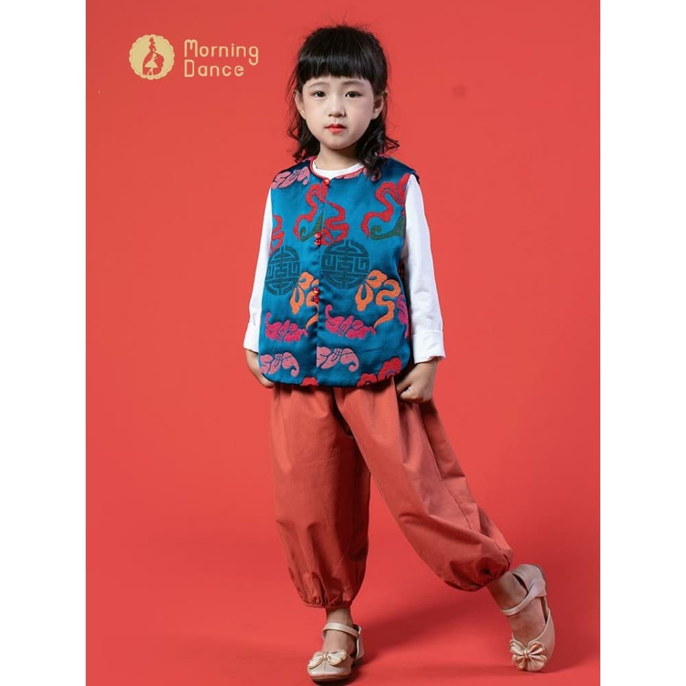 Dança da manhã outono inverno novo estilo meninas novo estilo chinês colete superior crianças Retro Tang terno roupas de