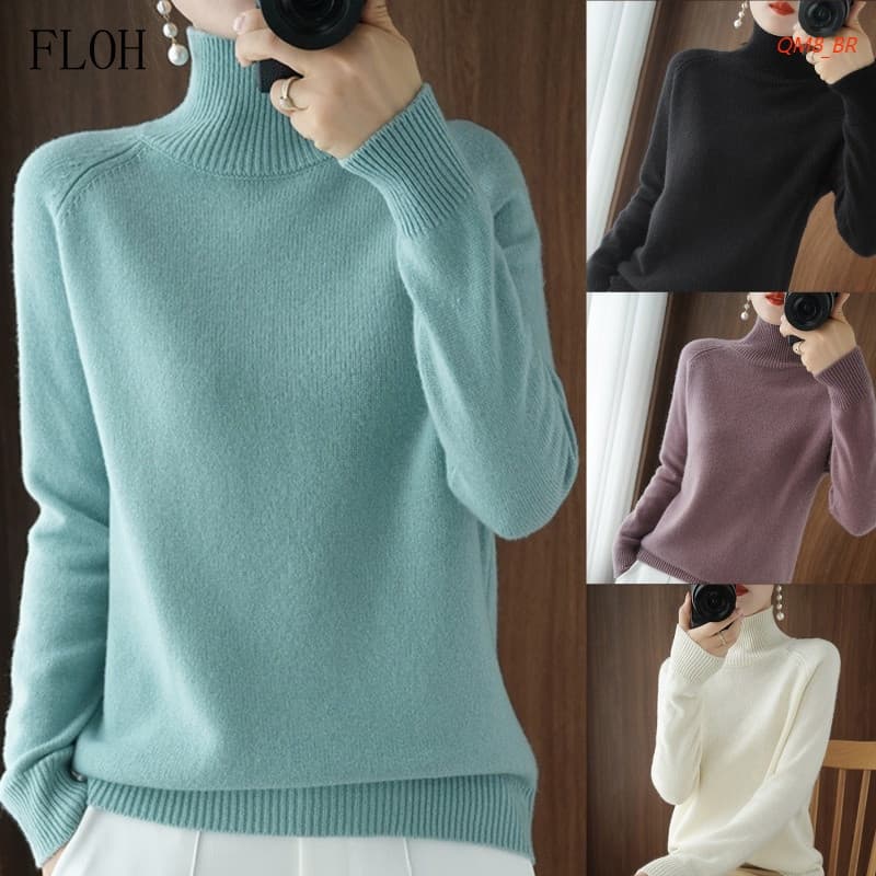 Suéter de Cashmere de Inverno para Mulheres com Gola Alta Y93L