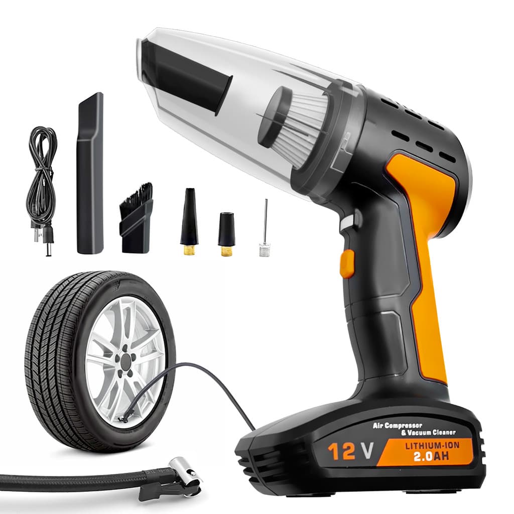 Aspirador de Pó e Compressor de Ar 4‑em‑1 Portátil 12V, Inflador de Pneus para Carro, Limpador Automotivo Multifuncional