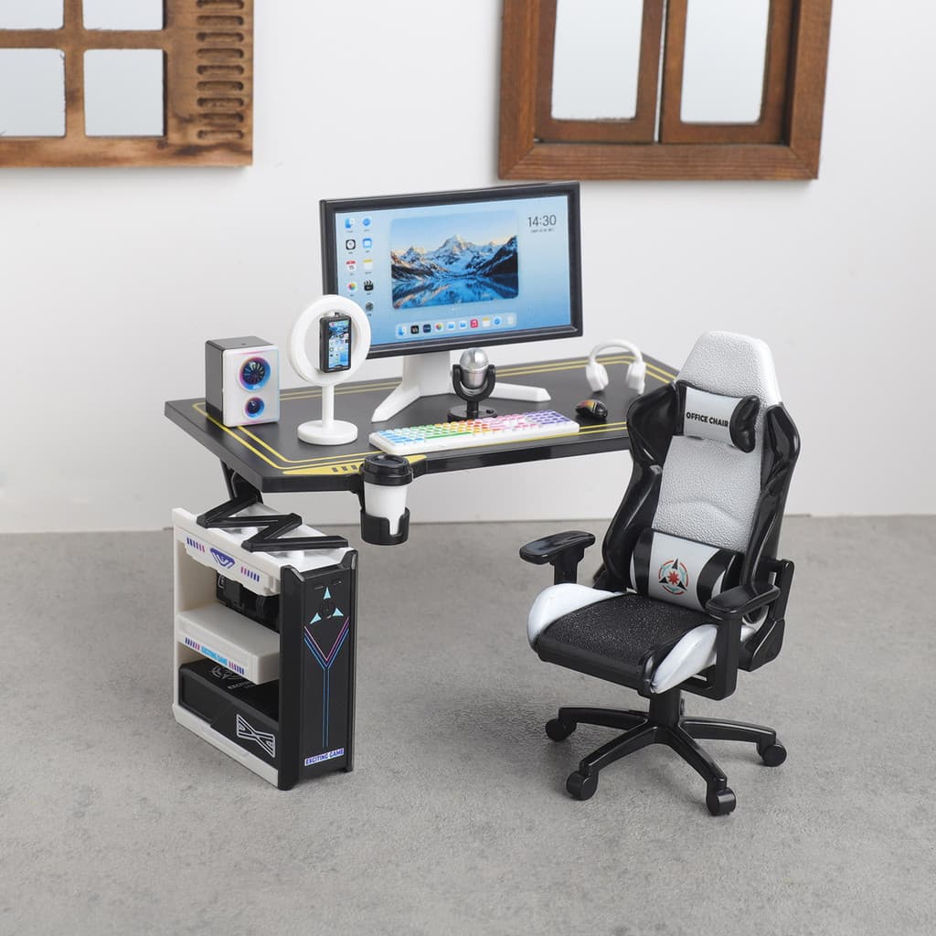 Mini mesa de computador, cadeira gamer, cenário de casa de bonecas, brinquedos
