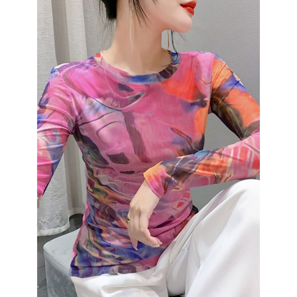 2024 outono inverno moda impressa gaze camisa de fundo feminino jogo interno tamanho grande estilo ocidental redução de