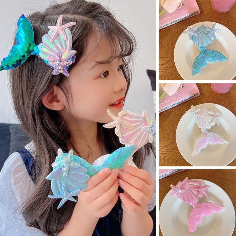 Sereia princesa lantejoulas hairpin influenciador crianças acessórios para o cabelo estrela do mar concha franja clipe l