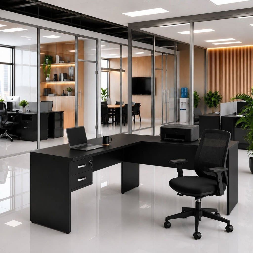 Mesa de Escritório em L 140x60cm com 2 Gavetas + Cadeira de Escritório Ergonômica Reclinável