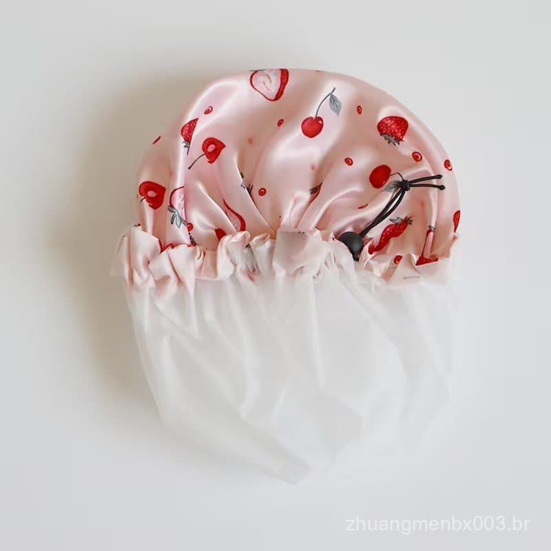 Touca de Banho Ajustável de Dupla Camada para Mulheres, Touca de Banho Impermeável de Cetim com Estampa de Desenho Anima