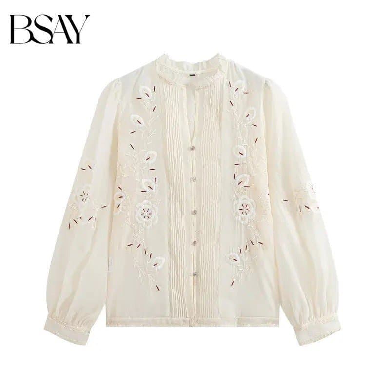BSAY 2026 Blusa Feminina Vintage Francesa com Bordado Floral, Gola Alta com Babados, Abotoamento Simples, Manga Longa Es