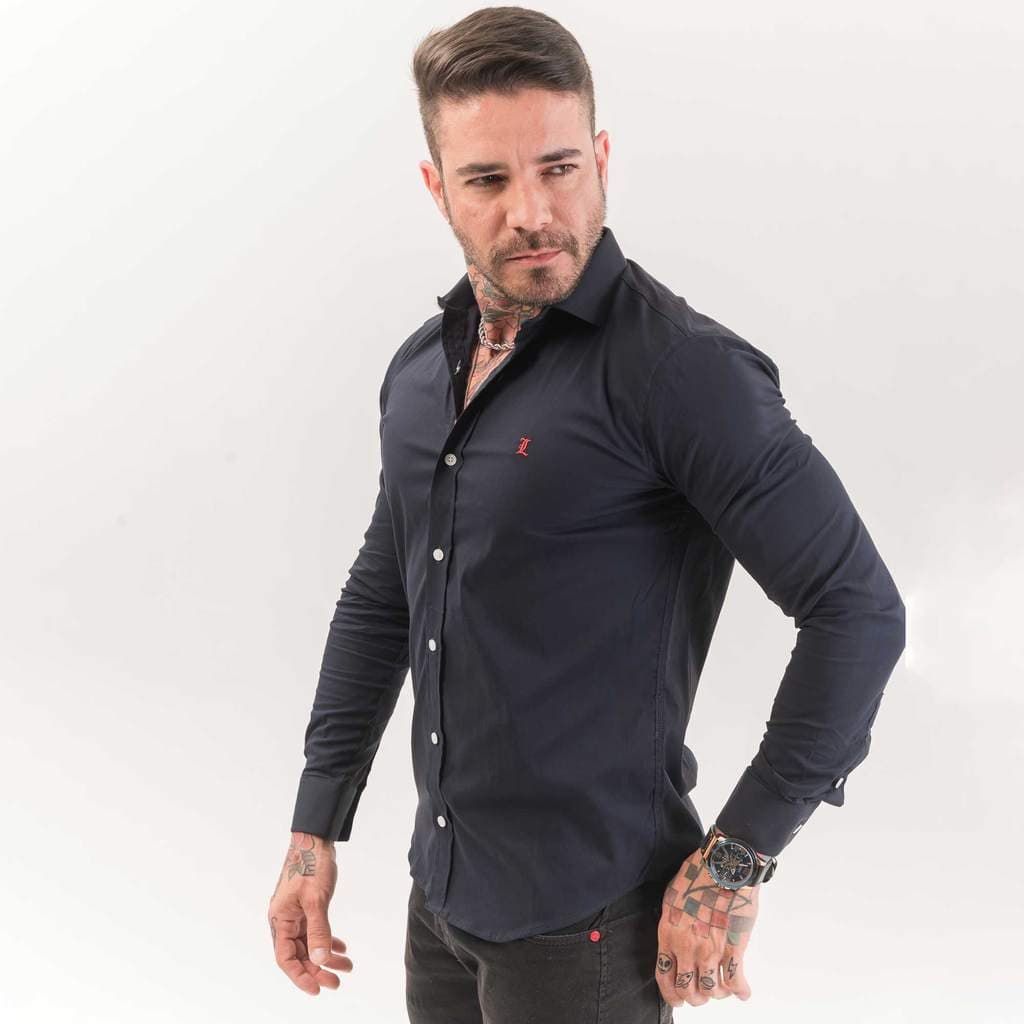 Camisa Social Longuinni Slim Fit Elastano Azul Marinho