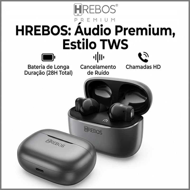 HREBOS Fone Bluetooth TWS EB-223, Bateria Total 28H, Chamadas HD, Áudio Estéreo, USB‑C, Compatível Android e iPhone