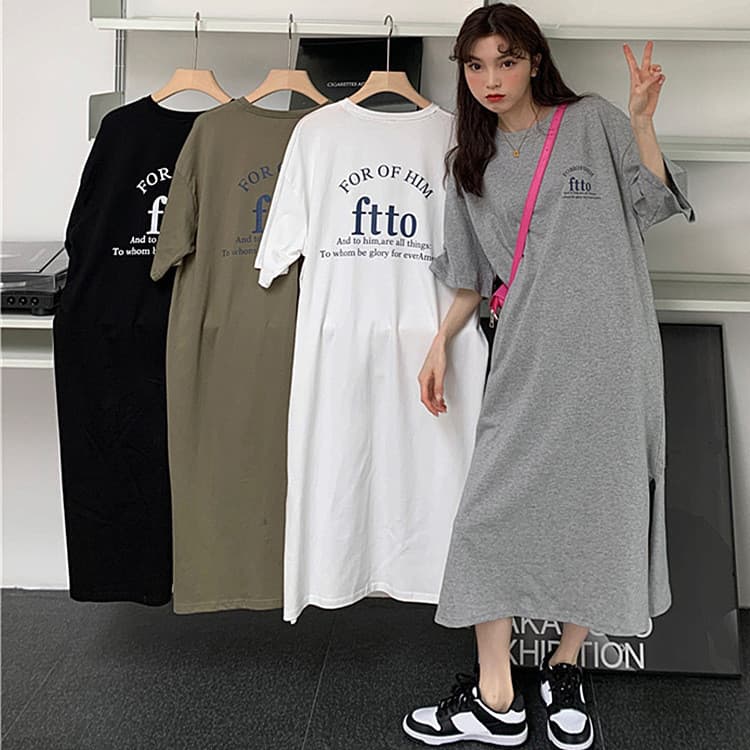 Coreano coreano puro algodão vestido Plus Size feminino verão 2026 gordura mm solto Casual Split manga curta camiseta ve