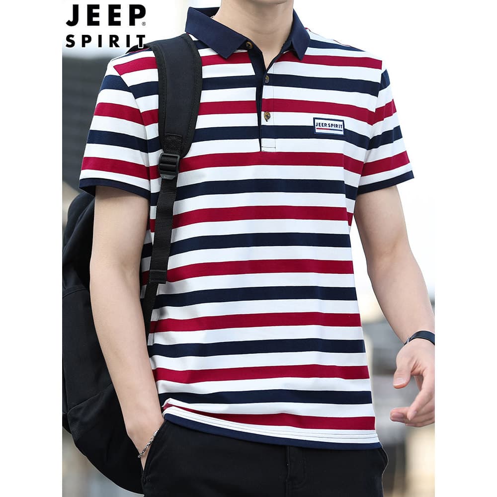 JEEP SPIRIT Camisa POLO de negócios de verão solta Casual algodão manga curta camiseta lapela riscas camisa de meia mang