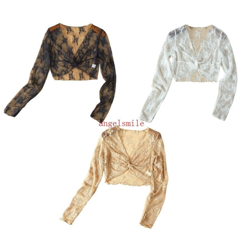 Ace Feminino Elegante Colheita Cardigan Transparente Floral Renda Bolero Encolher Manga Longa Com Decote Em V Torção Ata
