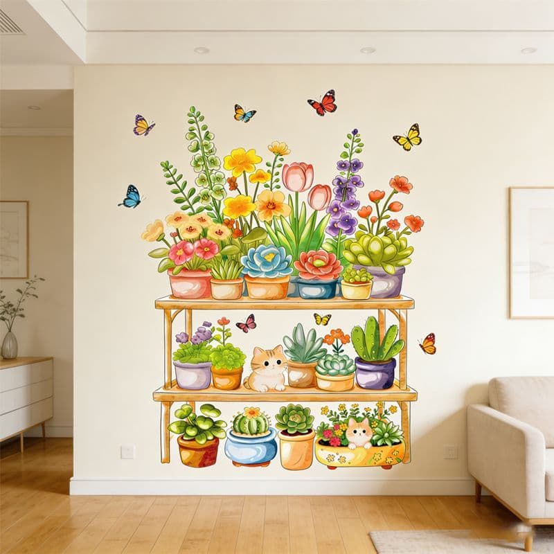 Gato bonito borboleta flor suporte cura planta verde fresca à prova dwaterproof água auto-adesivo embelezamento decorati