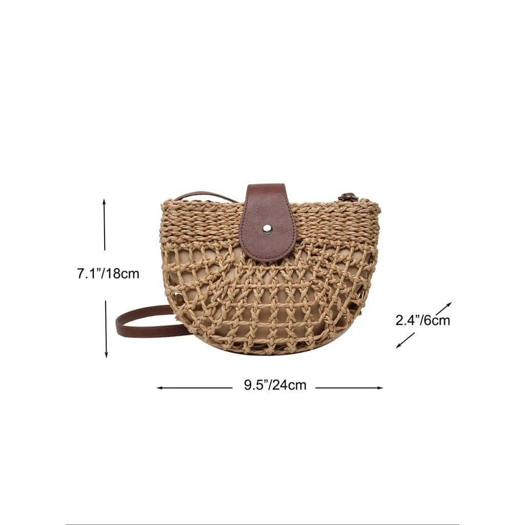 Bolsa de Palha Feminina Boho Semicircular Vazada, Bolsa Transversal Elegante e Moderna, Bolsa Transversal Chique de Verã