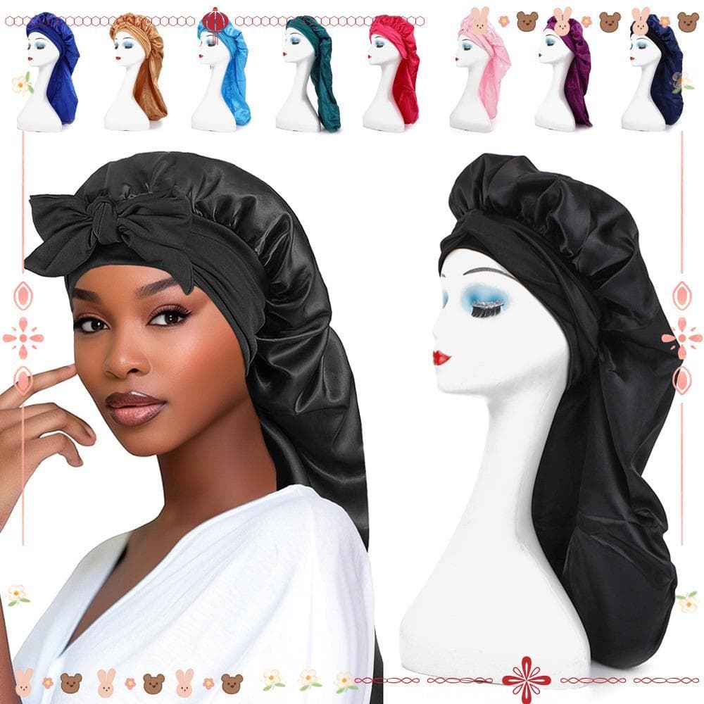 Touca De Dormir Longa Feminina , Gorro De Cetim Extra Grande De Alta Elasticidade , Sedoso Com Laços , Toucas De Banho P