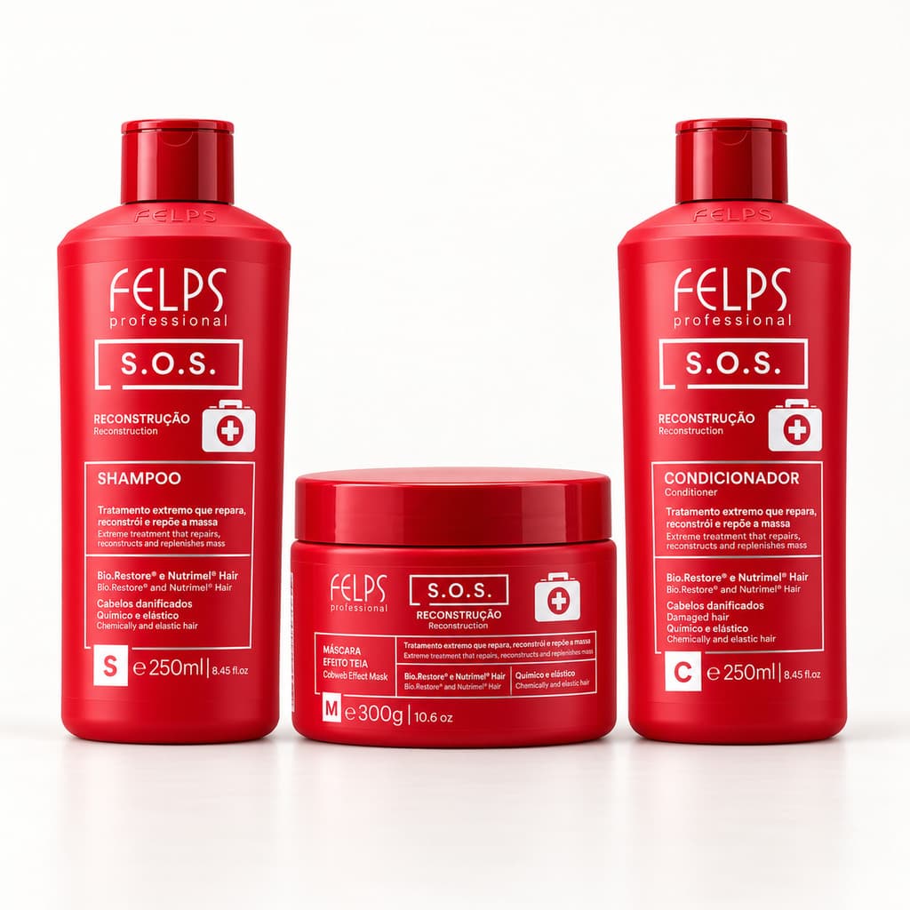 Kit SOS Reconstrução Shampoo 250ml + Condicionador 250ml + Máscara 300g - Felps | Reparação E Força