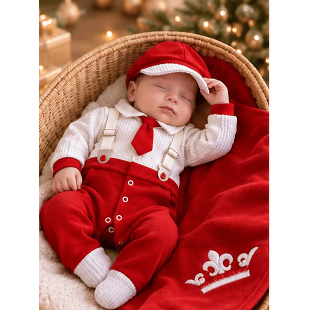 Conjunto Saída Maternidade Luxo Natal Menino enxoval Social RN com Manta Boné Vermelho Look Fofo Recém-Nascido Premium