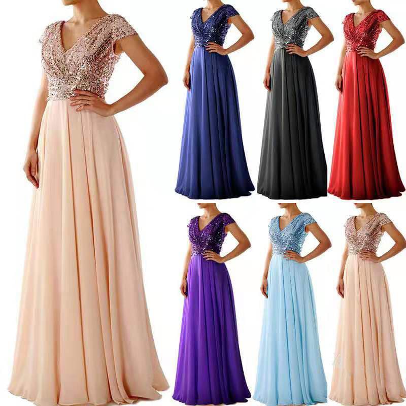 2025 verão novo estilo vestido de comércio exterior novo estilo com decote em V lantejoulas Chiffon costura vestido de n