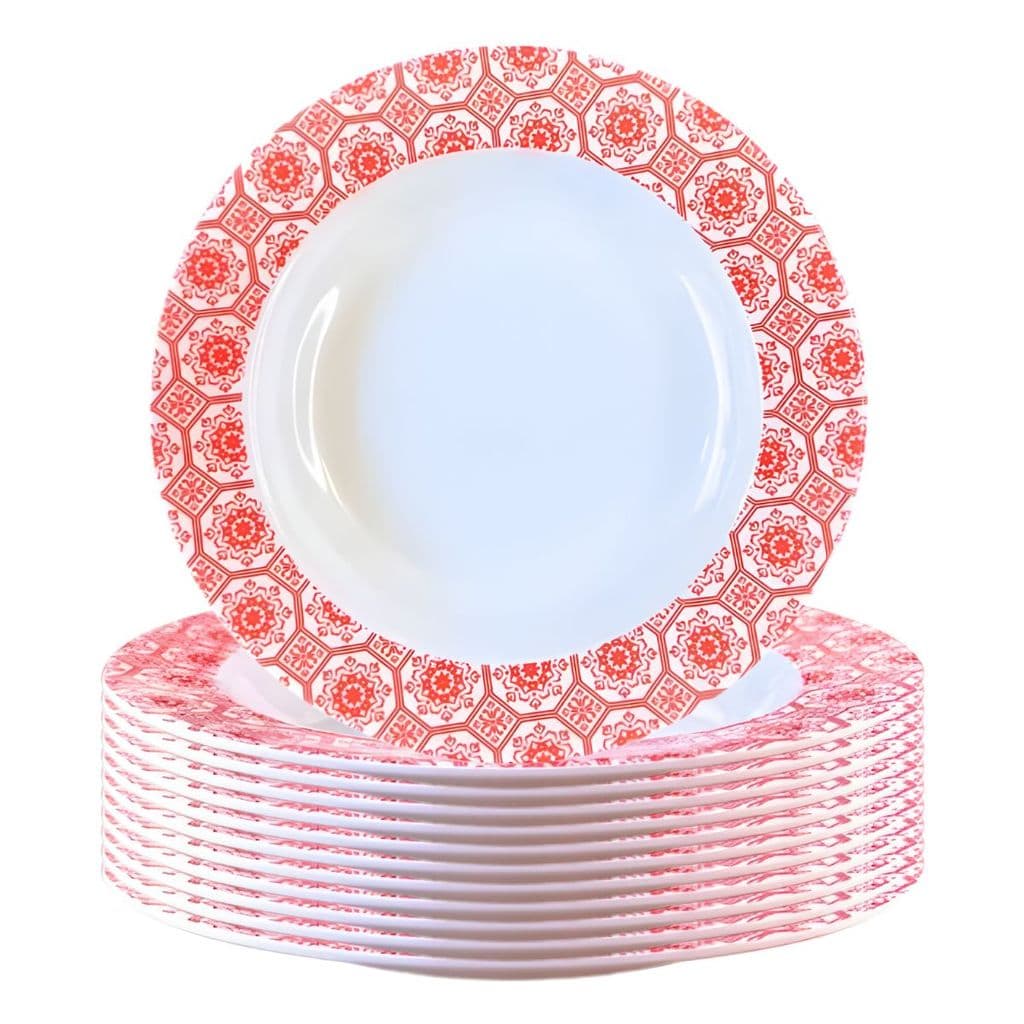 Jogo Pratos Fundos 12 Peça Melamina Sopa 25cm Borda Estampada Vermelho Pratos Decorados Buffet Sakes