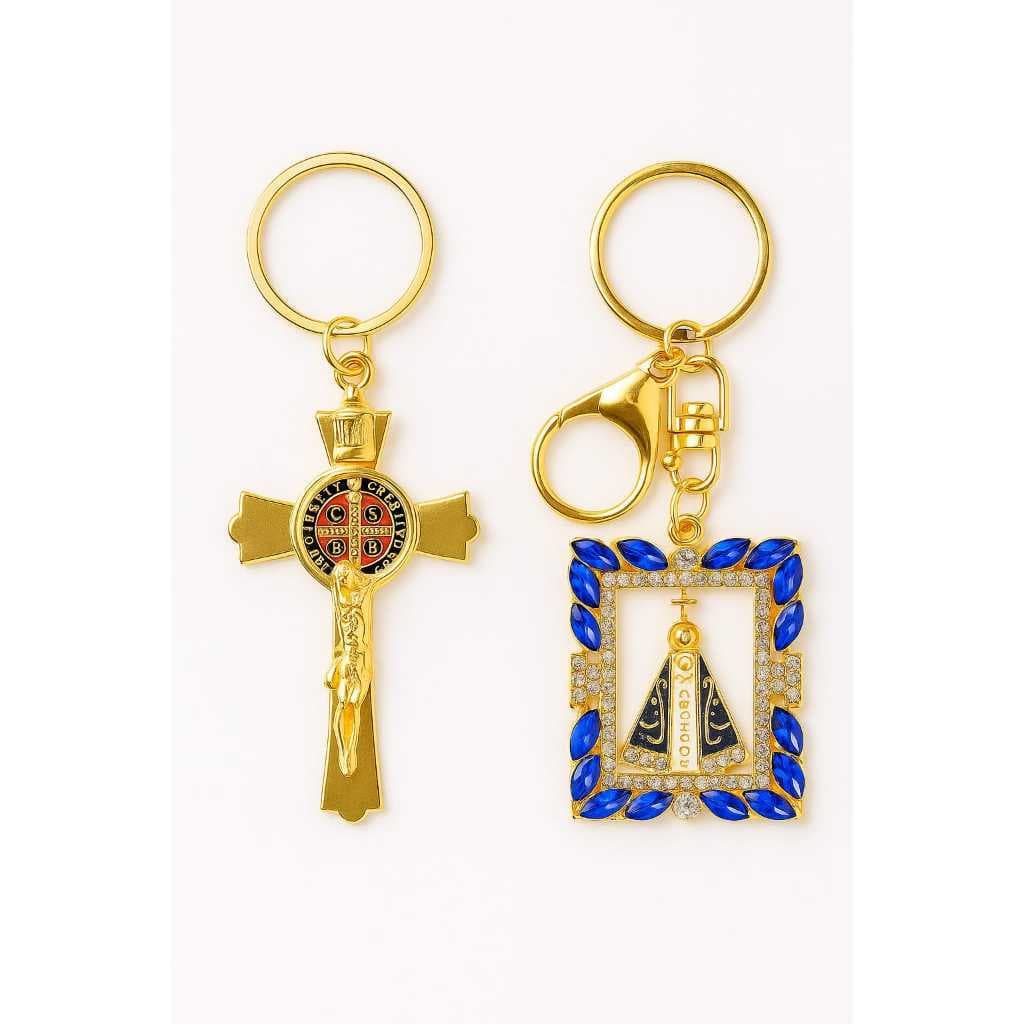 Kit 2 Chaveiros Nossa Senhora Aparecida + Chaveiro Crucifixo com medalha de São Bento
