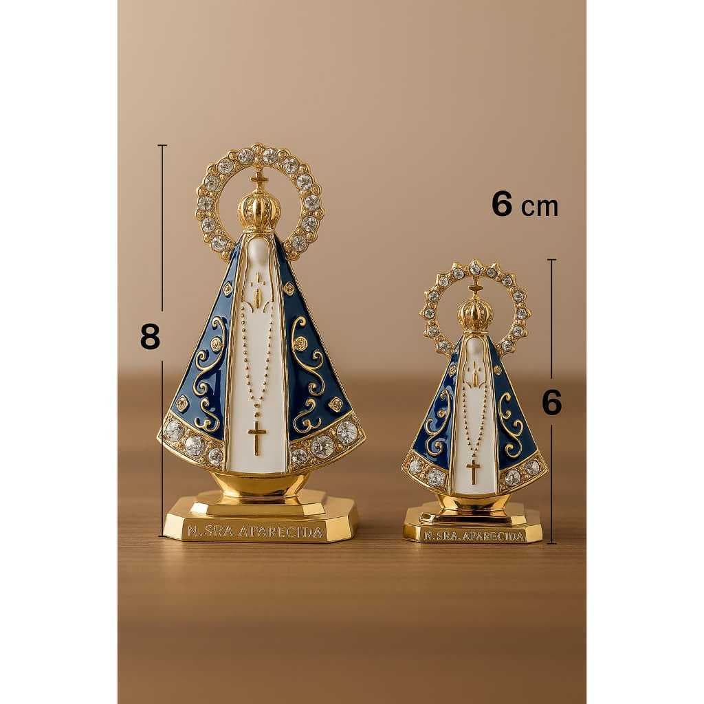 Kit 2 Santinha Nossa  Senhora Aparecida Painel para  Carro Caminhão Mesa Dupla Face de Metal  Dourado Com Pedraria
