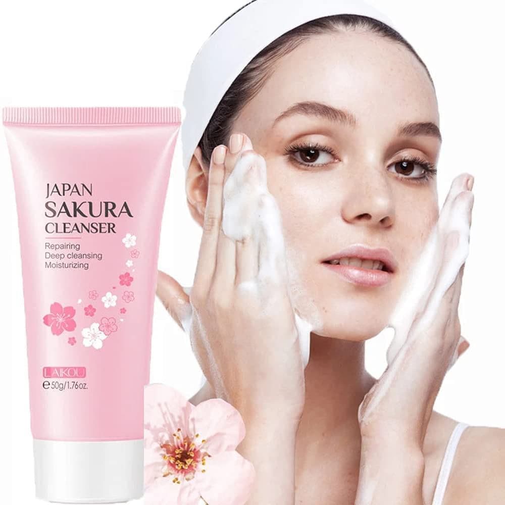 Espuma de Limpeza Facial de Flor de Cerejeira para Limpeza Profunda, Creme Reparador, Hidratante e Equilibrador de Óleo