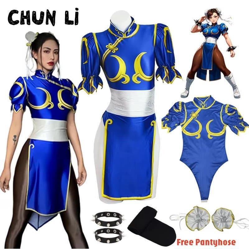 Fantasia de Cosplay de Chun Li do Jogo Street Fighter, Cheongsam Azul com Acessório de Cabeça e Cinto, Fantasia de Hallo