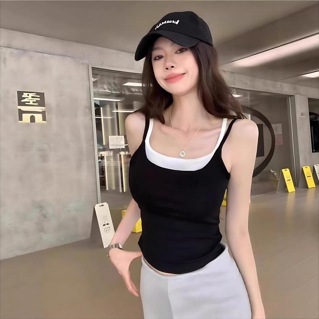 Menina quente colete falso nó de duas peças oco bonito volta interior camisola copo fixo costura contraste cor Bottoming
