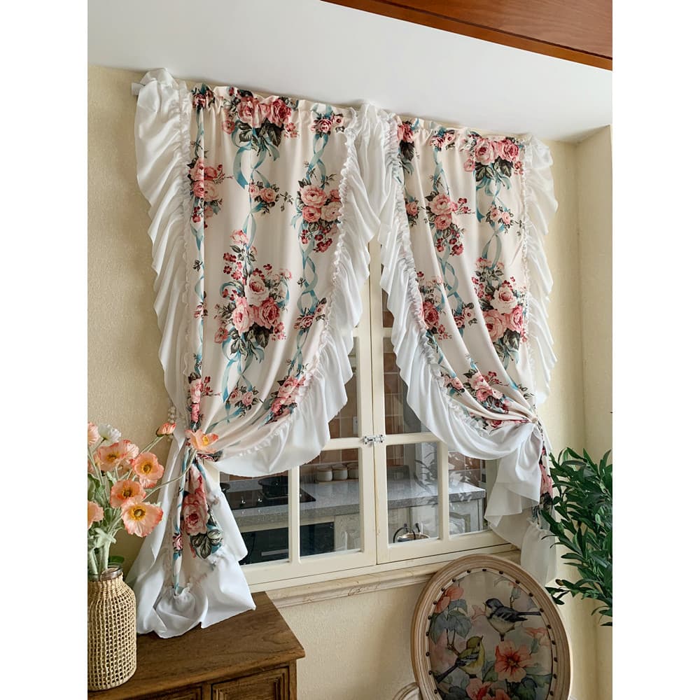 Francês Retro estilo americano grande flor cortina pano transparente impermeável instalação sem perfuração Semi-sombream