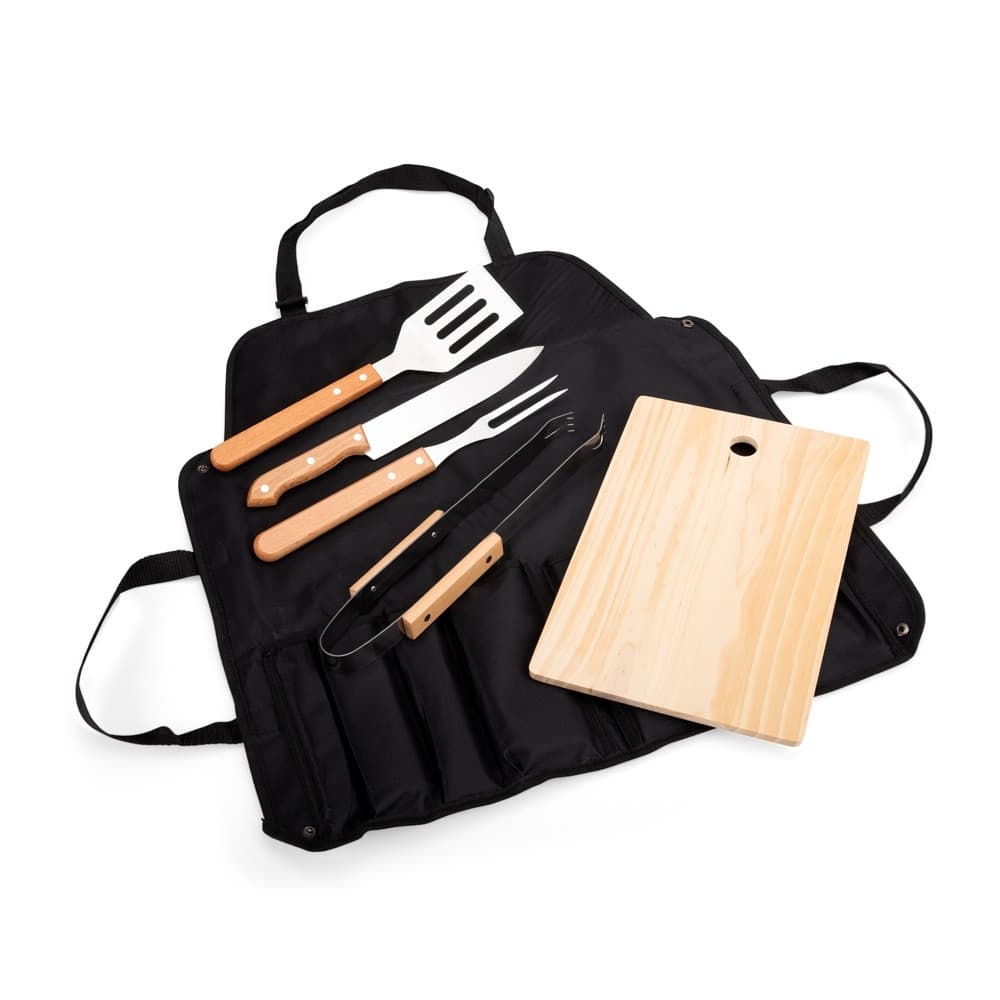 Kit Churrasco 6 Peças Personalizável Maleta Avental Faca Garfo Espátula Pegador Tábua