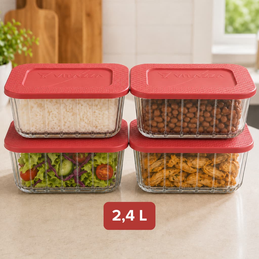 Kit 4 Potes Vidro Tampa 2,4 Litros Tigela De Vidro Marmita Saladeira Marmitex Grande Alimentos