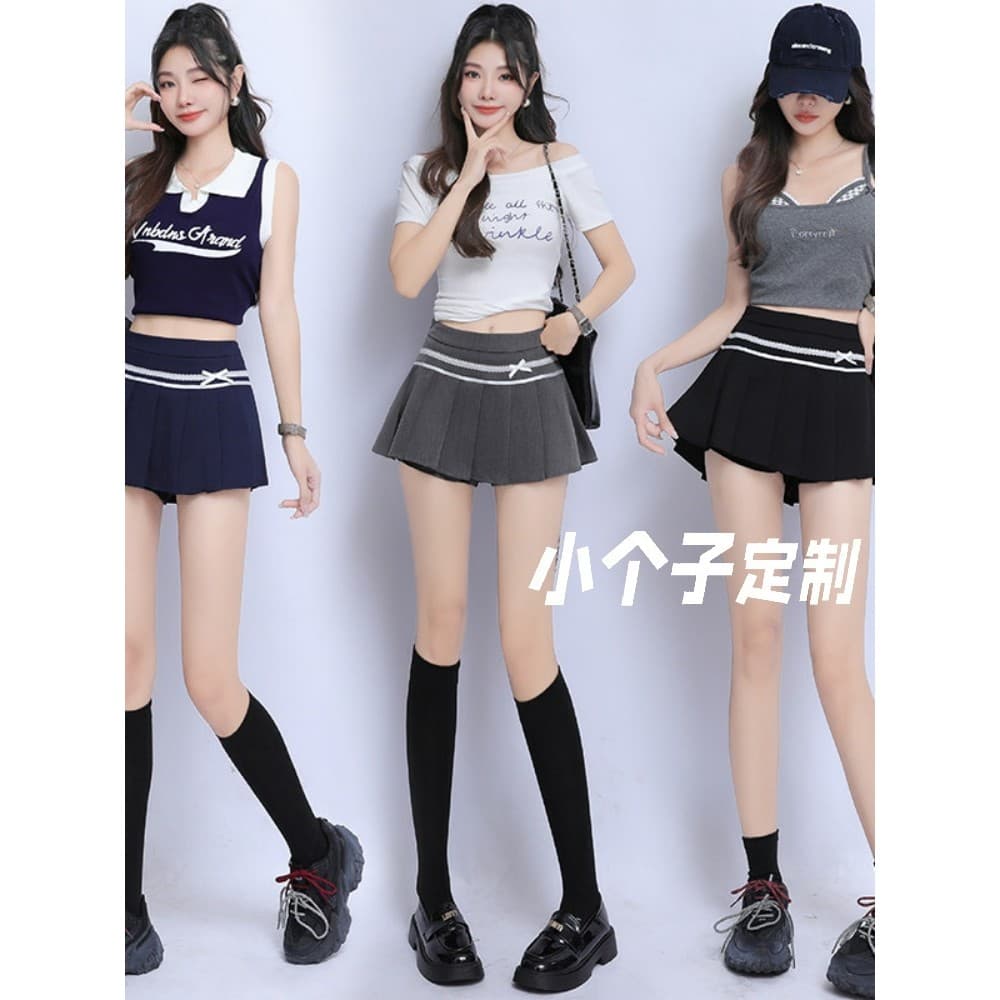 Estilo Preppy quente menina pequena saia plissada feminina cintura alta mais magro olhar verão arco azul marinho a linha