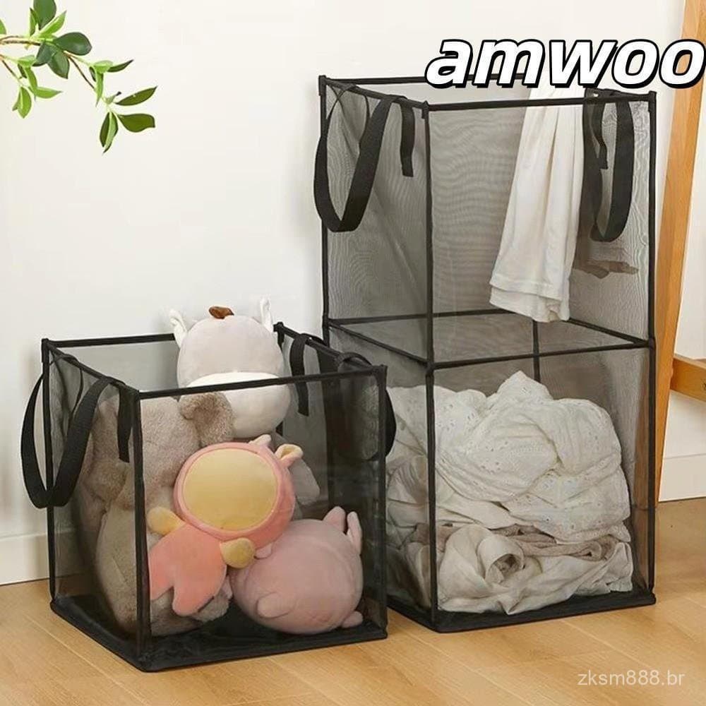 Cesto para roupa suja, feito de tecido de malha respirável, equipado com alças reforçadas, grande capacidade.