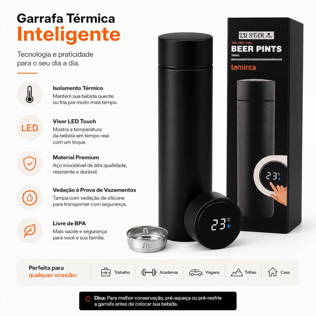 Garrafa Térmica 500ml com Display LED Digital para Temperatura