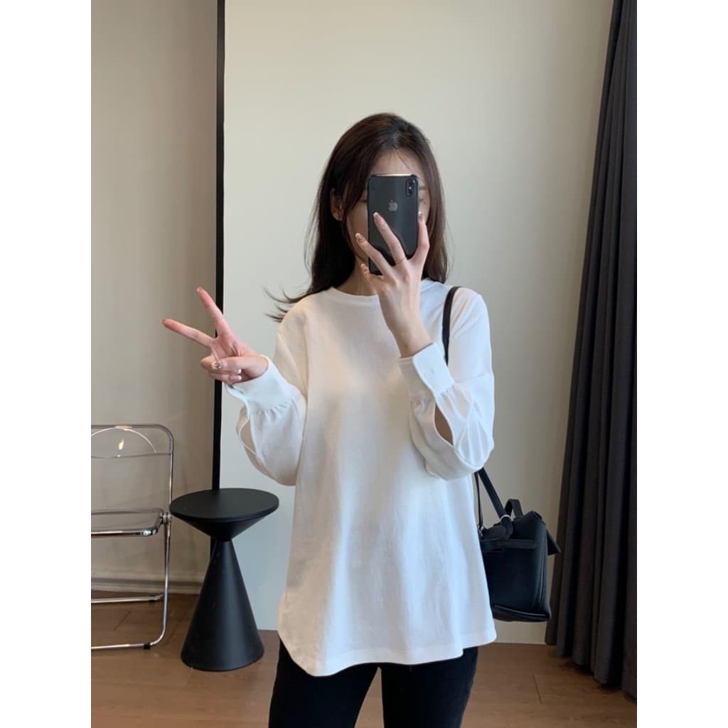 Versão coreana simples mais magro olhar Casual All-Match em torno do pescoço de manga comprida camiseta feminina 2025 ou