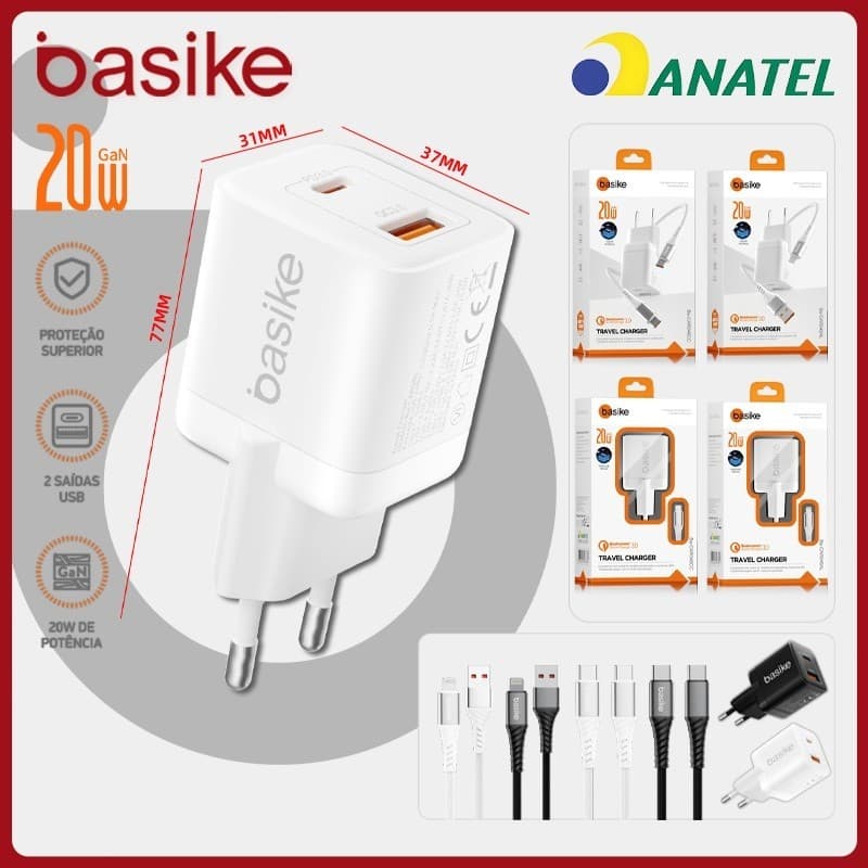 Carregador Turbo Basike 20W USB-C Tipo C para iPhone e Android