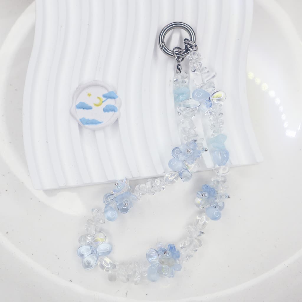 Corrente de celular original azul com pedras ornamentais, estilo ins de nicho, com borboleta e flor transparente, corren