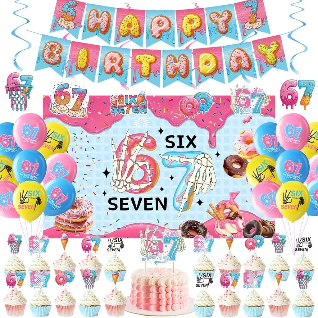 Decorações para Festa de Aniversário com Tema 6 7, Decorações de Meme 6 7, Inclui Painel de Fundo, Faixa, Espirais Decor