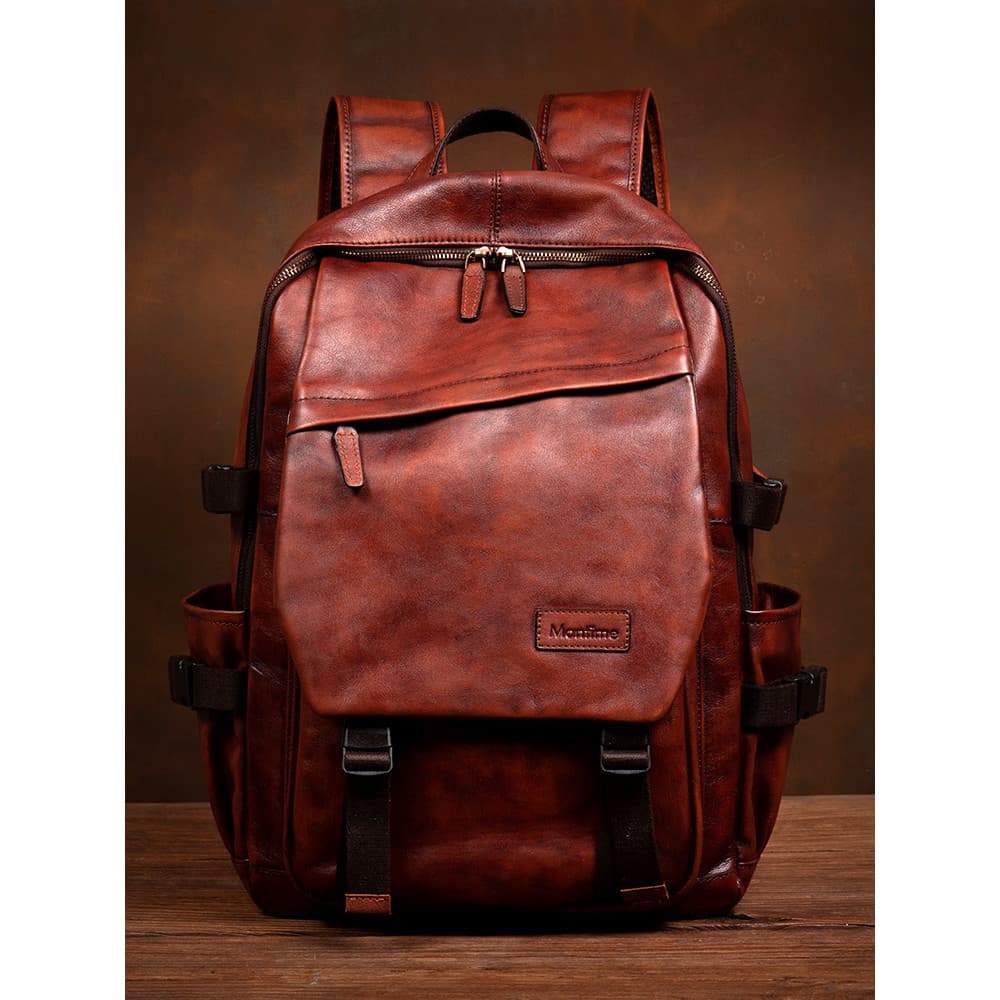 Tempo lento puro polido à mão cor mochila de couro genuíno masculino Commuter primeira camada vegetal curtido mochila fe