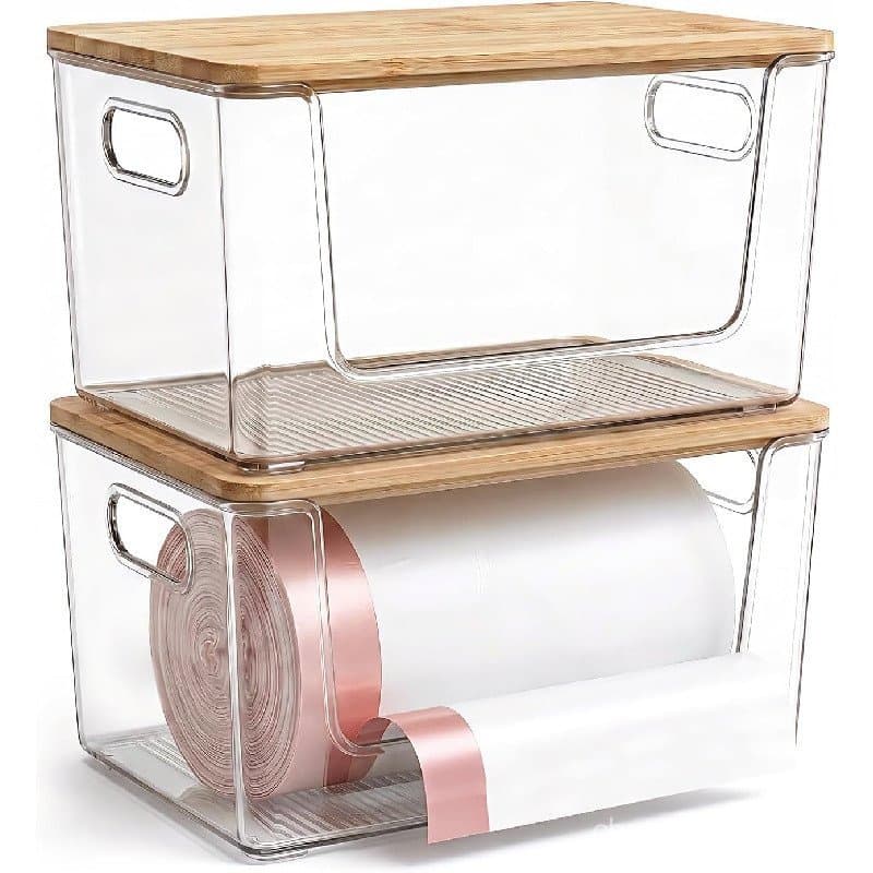 Suporte para Sacos de Lixo, Pacote com 2 Unidades, Dispensador de Sacos de Lixo Empilhável com Tampa de Bambu, Organizad