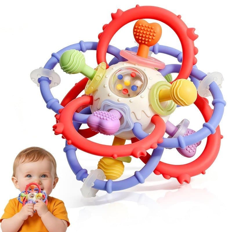 Brinquedos Sensoriais para Bebês de 0-6 e 6-12 Meses, Mordedor e Chocalho Multifuncional para Bebês, Brinquedo de Silico