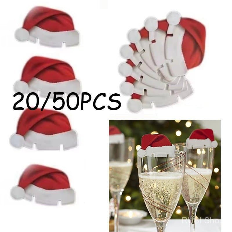 20/50pcs Cartão de Taça de Vinho Decoração de Natal Chapéu de Papai Noel Árvore de Vidro Casa de Boneco de Neve