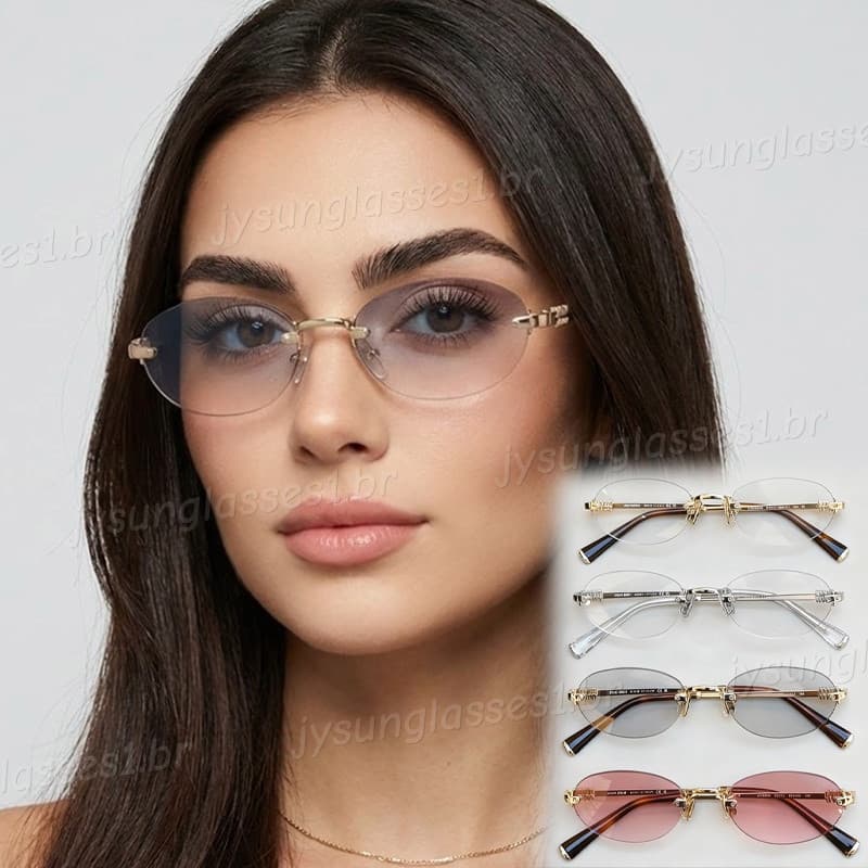 Óculos de Sol Transparentes Sem Armação em Formato Oval Pequeno Estilo Coreano para Mulheres, Homens e Unissex