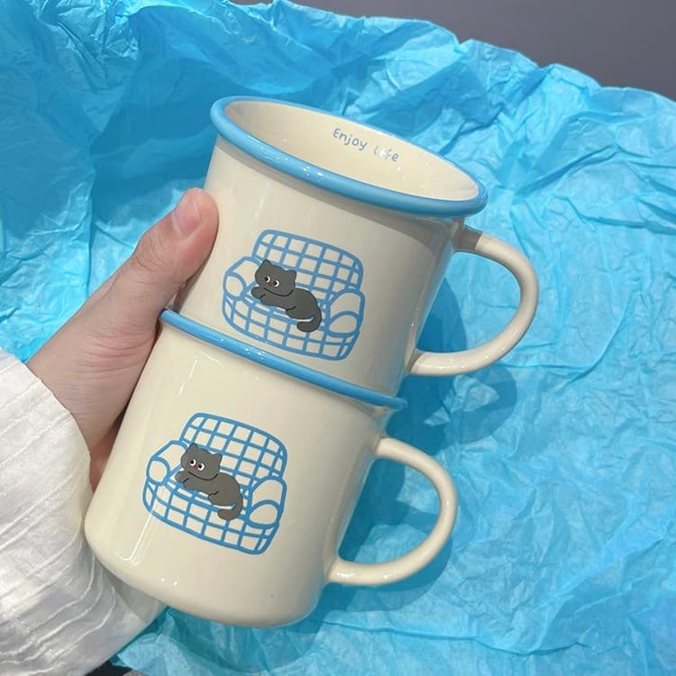 Cat Me primeiro sono!Caneca estilo coreano azul xícara de água de cerâmica xícara de café fofa presente de aniversário