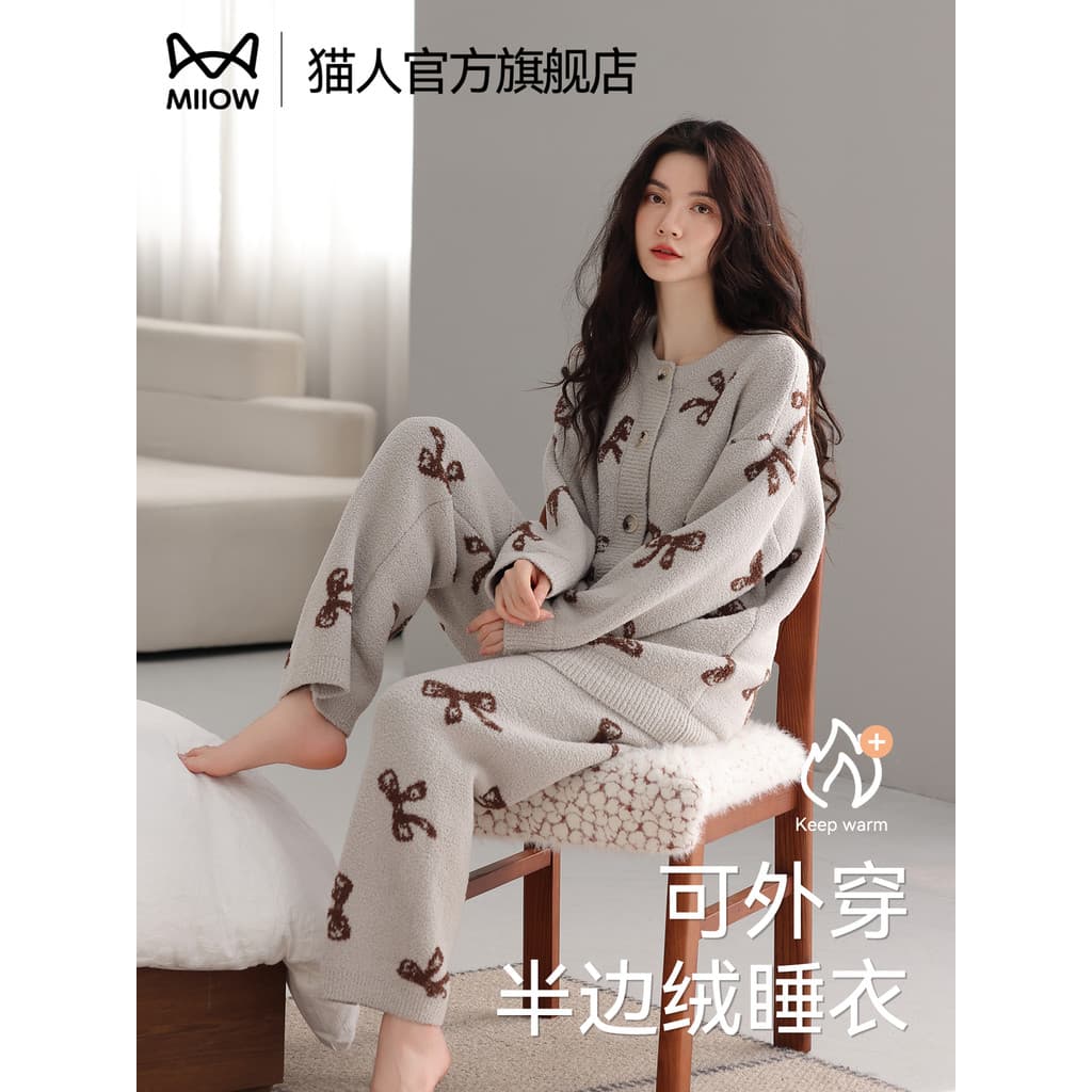 Gato pessoas meio lado velo pijamas feminino inverno 2025 novo estilo forro de lã engrossado bonito dos desenhos animado