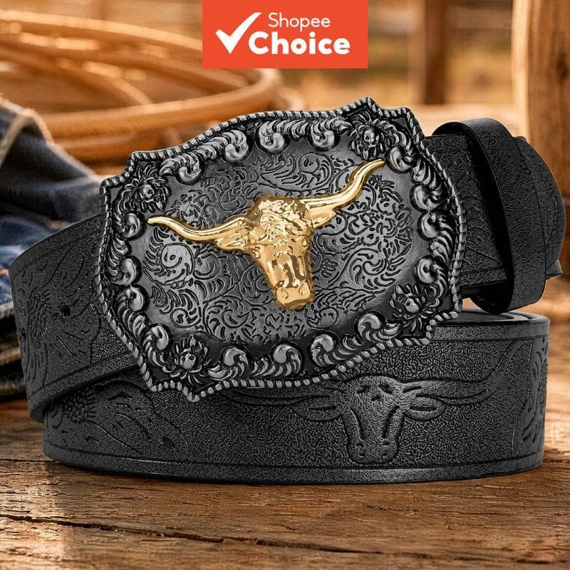 Novo Cinto de Cowboy Ocidental Masculino - Cinto Masculino de Couro PU Preto Estiloso com Design em Relevo e Fivela de