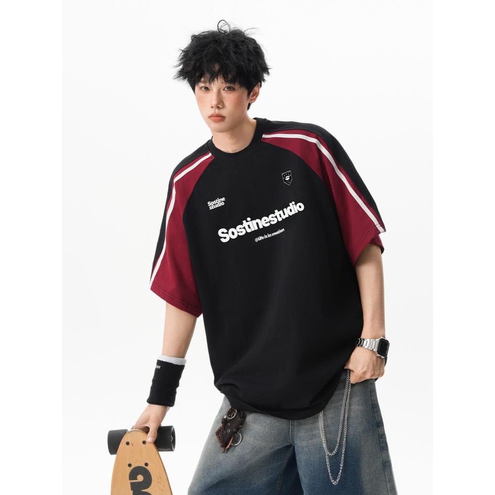 Retro costura pesada contraste cor de manga curta das mulheres dos homens 2025 verão na moda estilo Preppy carta impress