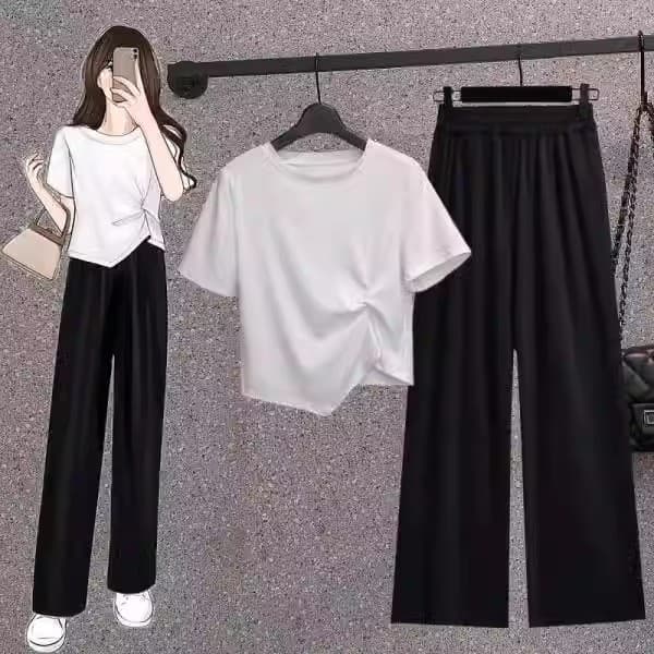 Uma peça/set verão conjunto de duas peças feminino Irregular curto camiseta feminina topo cintura alta Drape perna larga