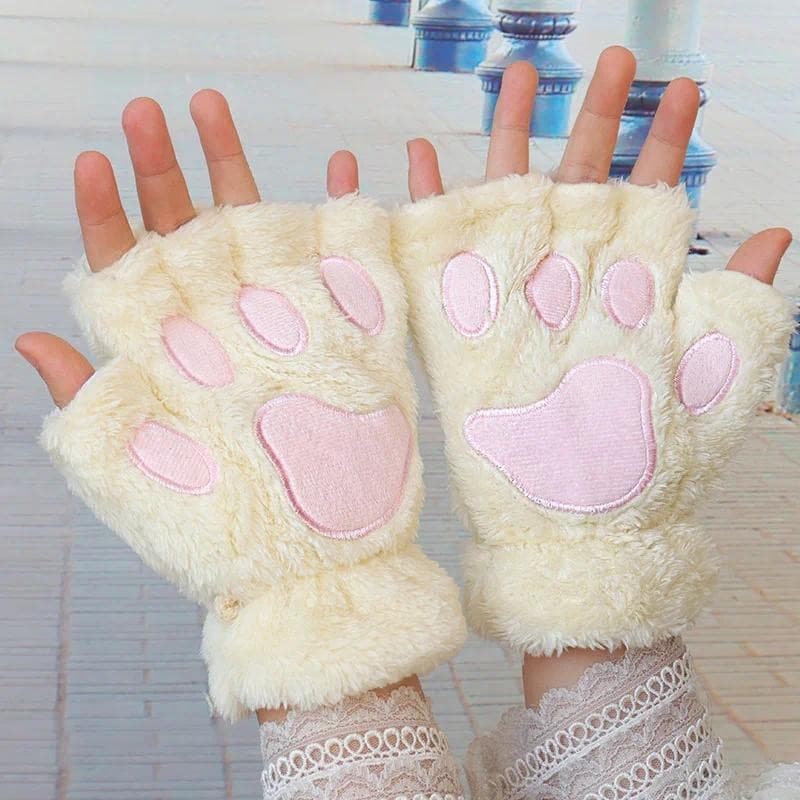 1 Par Menina Adorável Urso De Pelúcia Gato Pata Garra Luvas Inverno Pele Do Falso Gatinho Sem Dedos Para Mulheres Natal